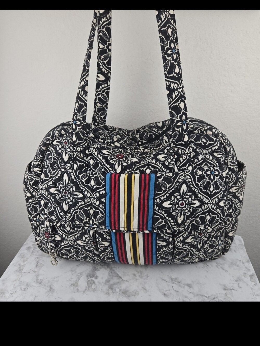 Vera Bradley Quilted Black & White Floral Tote with Multicolor Stripe Accent